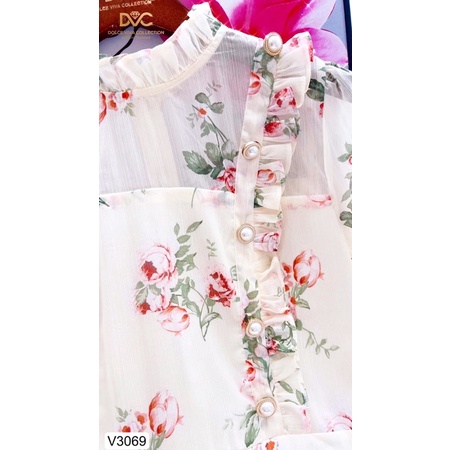 V3069 váy voan xoè hoa màu be dài tay