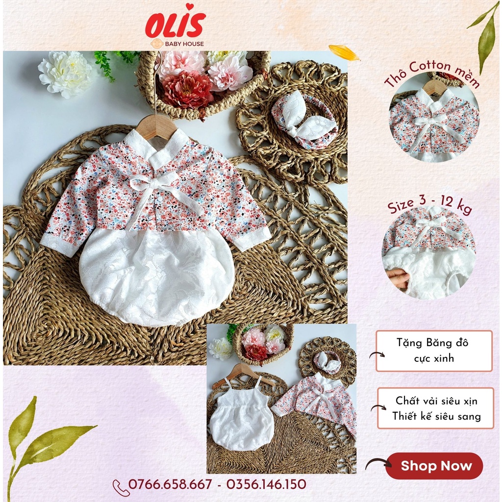 Bodysuit cho Bé gái OLIS Baby House, bodychip chất vải Thô cotton mềm, size 3 - 12kg