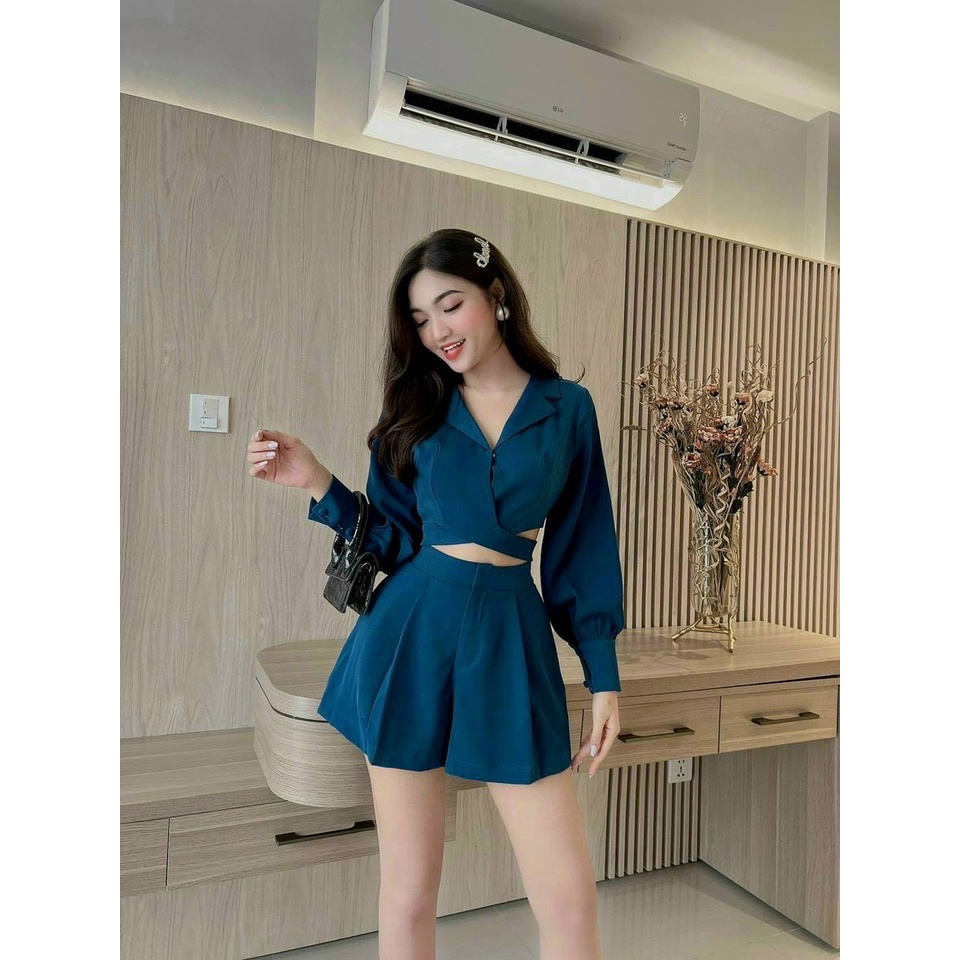 [11.11 Sale Freeship] Set bộ tiểu thư nữ ,set bộ tuyết mưa áo dài tay cổ vest khoét eo hở bụng mix quần dùi có túi dx