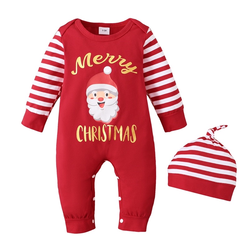Set body đỏ thun dài kèm nón cho bé mặc giáng sinh