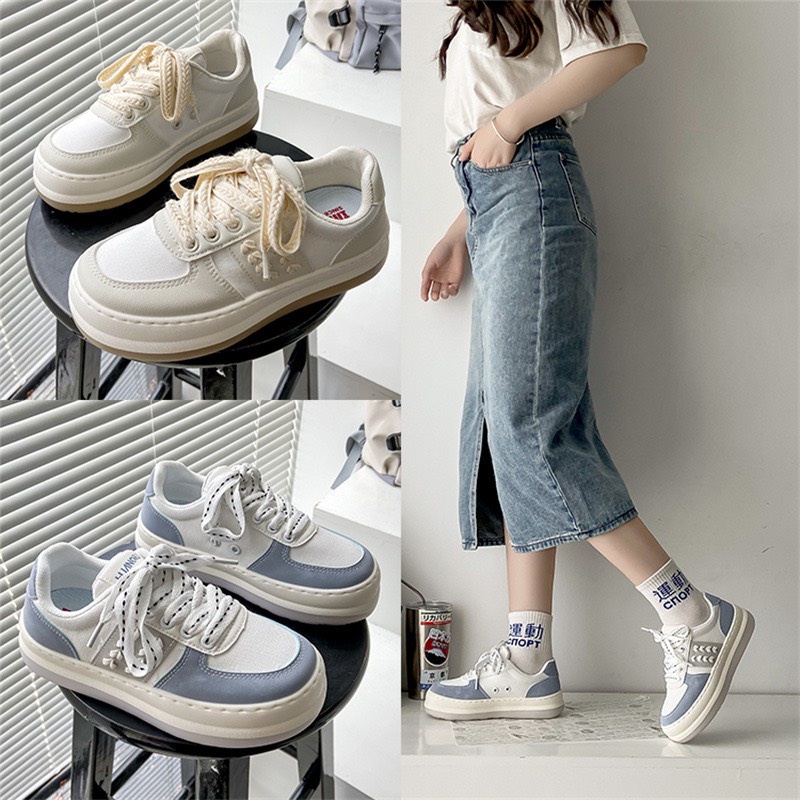 ( 3 kiểu) Giày thể thao nữ sneaker đế bánh mì 3cm vải canvas viền bông lúa kiểu dáng basic phối DÂY TẾT