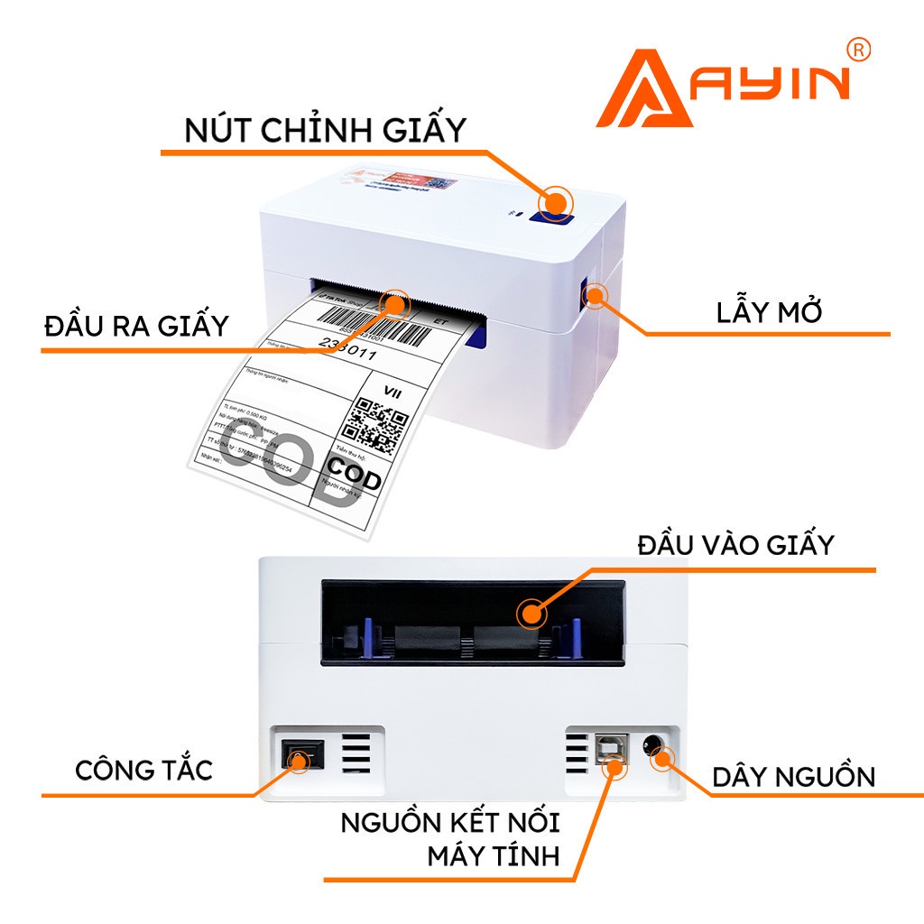 Máy in nhiệt bluetooth mini AYIN 368BT, in đơn sàn TMĐT, mã vận chuyển, logo, tem, barcode, hoá đơn bán hàng