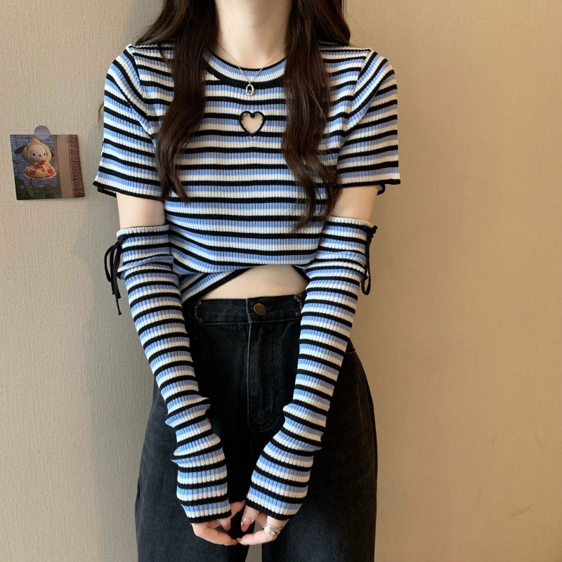 Áo Thun Tay Dài Dáng Ôm Họa Tiết Kẻ Sọc Thời Trang Hàn Quốc Cho Nữ