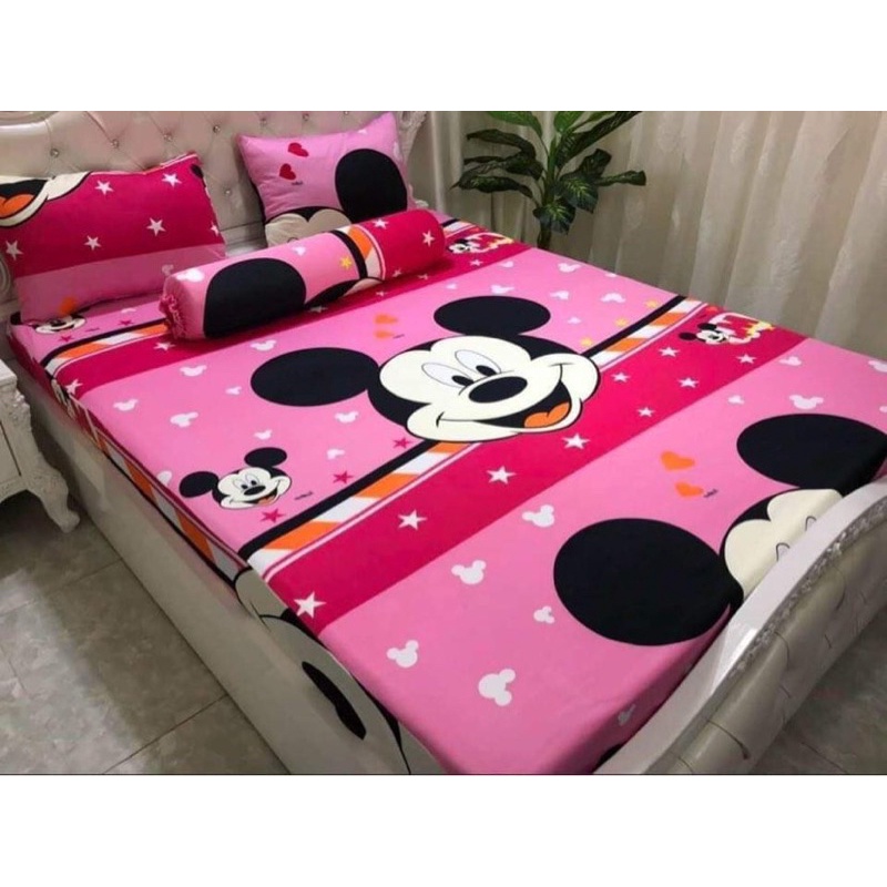 Bộ ga và vỏ gối thun lạnh 4 món (ko mền) mẫu Mickey Hồng