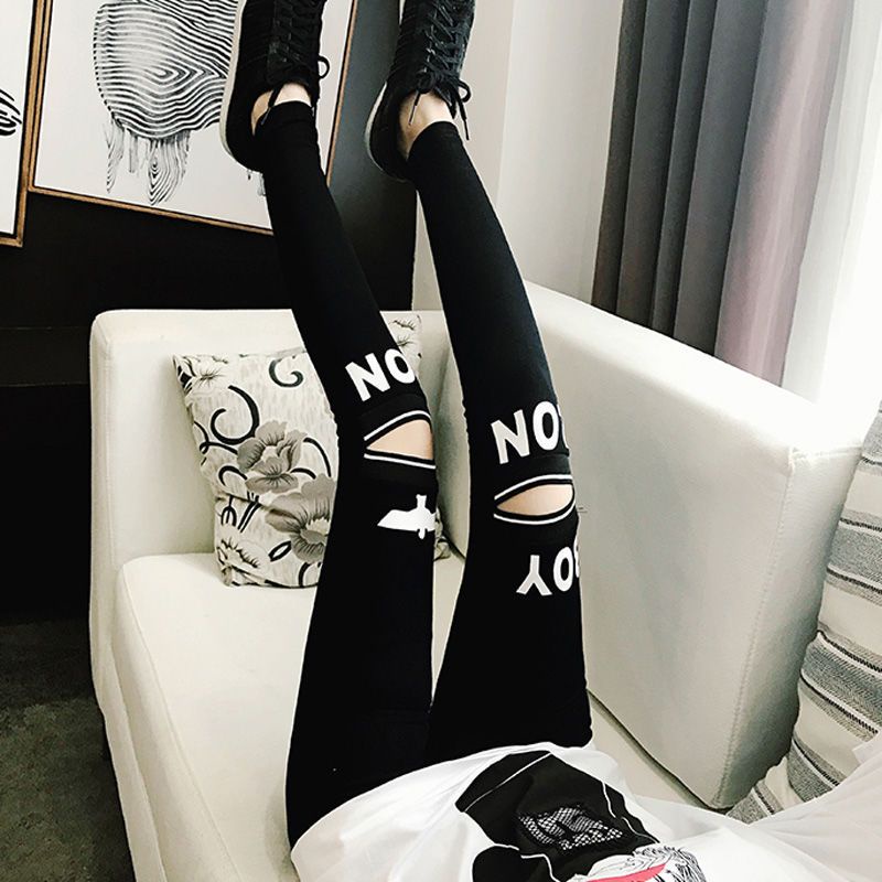 Quần Legging Rách Co Giãn Màu Đen Thời Trang Mùa Hè Hàn Quốc 2022