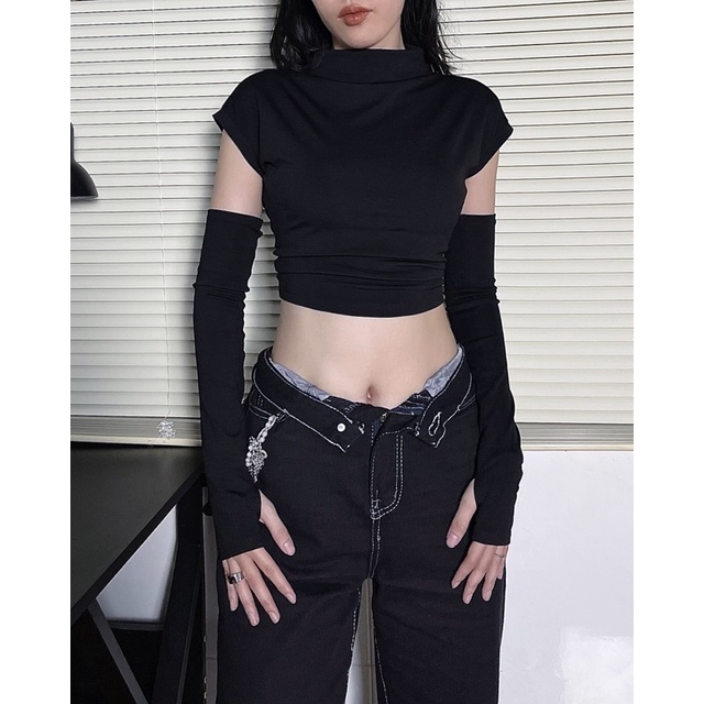 HIP TOP - Áo cổ lọ cột dây lưng kèm ống tay dài HEIBYHER