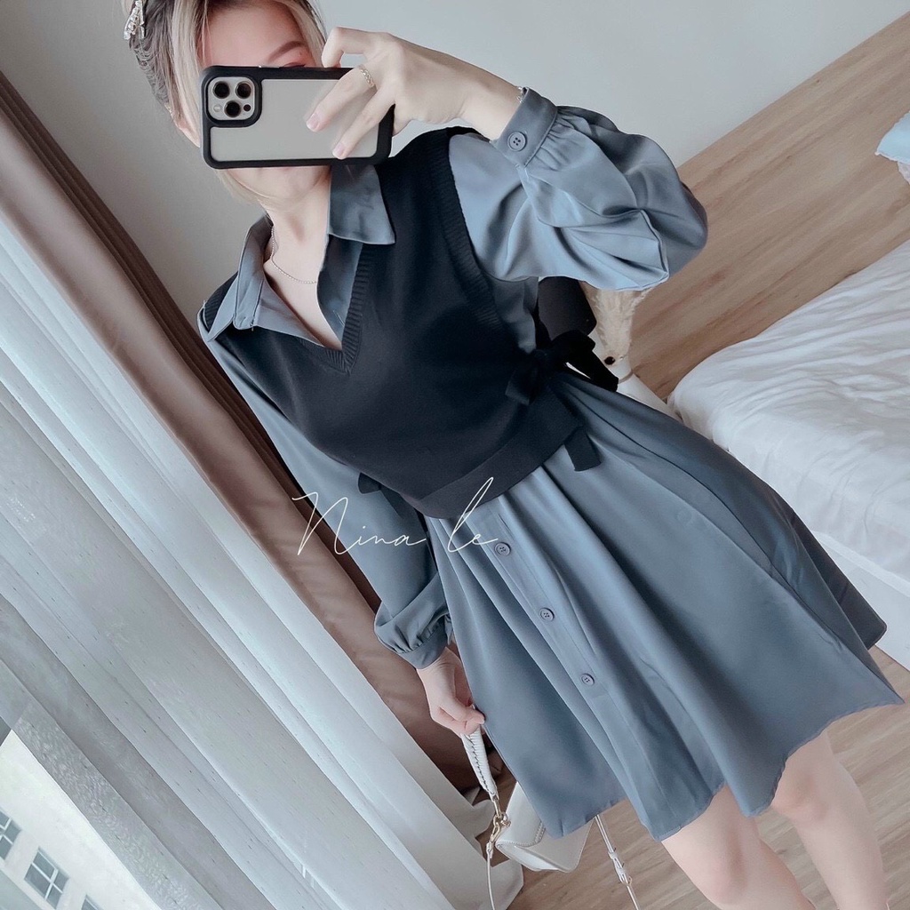 Sét Váy Đầm Nữ Chất Cotton Lạnh Dài Tay Đóng Cúc Kèm Áo Ngoài Thun Gân Thiết Kế Sang Chảnh Đi Làm Công Sở, Dạ Hội