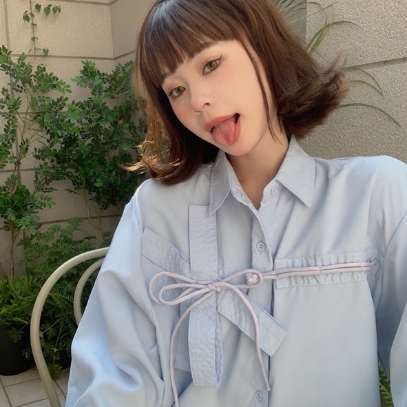 Áo Sơ Mi Nữ Tay Dài Dáng Rộng Buộc Nơ Kiểu Hàn Quốc Dễ Thương
