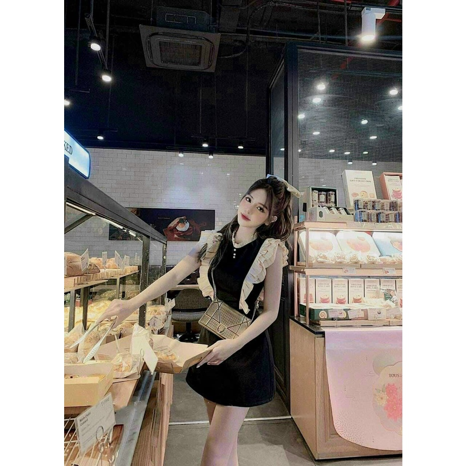 Đầm Váy Nữ Midi Phối Béo Vai Dáng Tiểu Thư Cổ Tròn