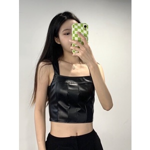 Áo Croptop Sát Nách Da PU Cổ Vuông Màu Trơn Phối Khoá Kéo Phong Cách Đường Phố