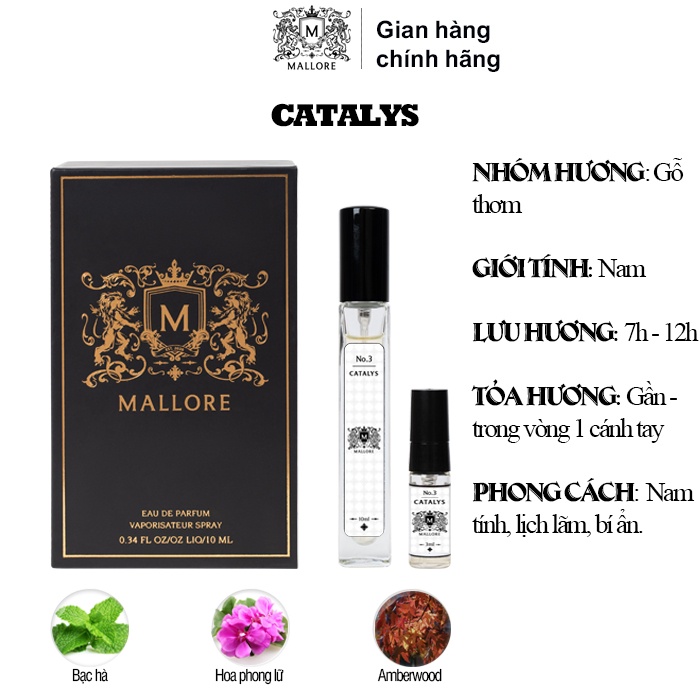 Nước hoa nam Mallore Catalys dạng xịt 10ml nam tính, lịch lãm, bí ẩn