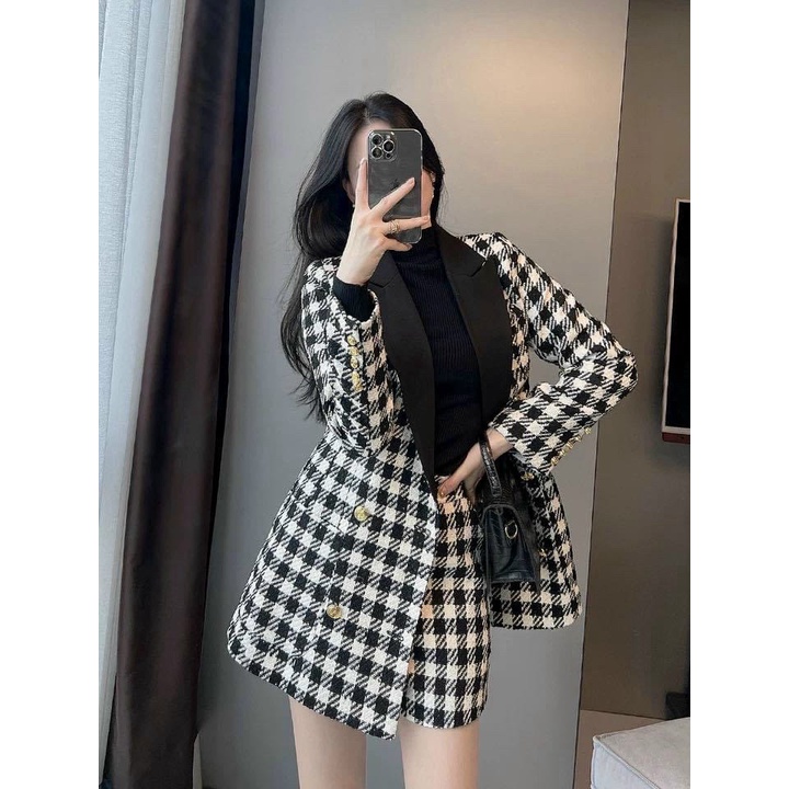 Set áo vest dạ bố dáng dài mix chân váy chữ A đắp chéo sang chảnh - set chân váy kẻ caro hàng thiết kế cao cấp