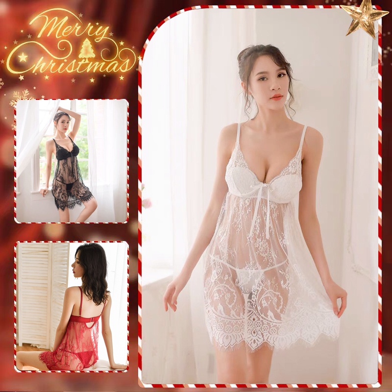 Váy ngủ sexy xuyên thấu ren hoa ngực có mút ngực và nút cài phía sau (màu trắng) BT116A