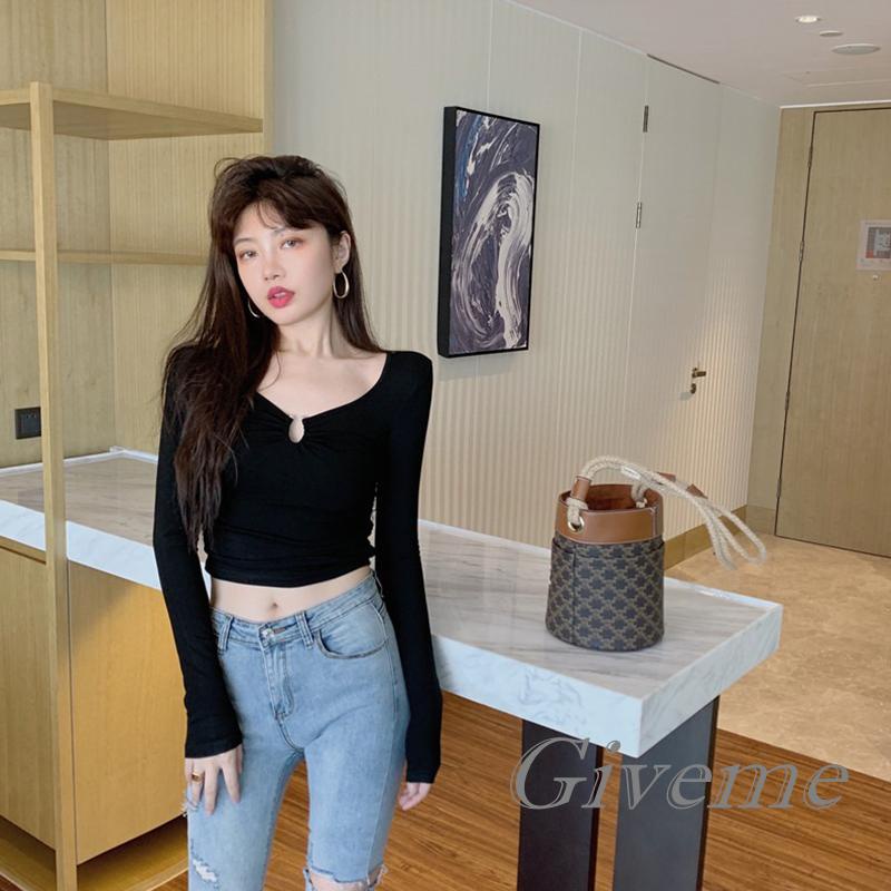 Áo Thun Lửng Tay Dài Cổ Chữ V Thời Trang Cho Nữ