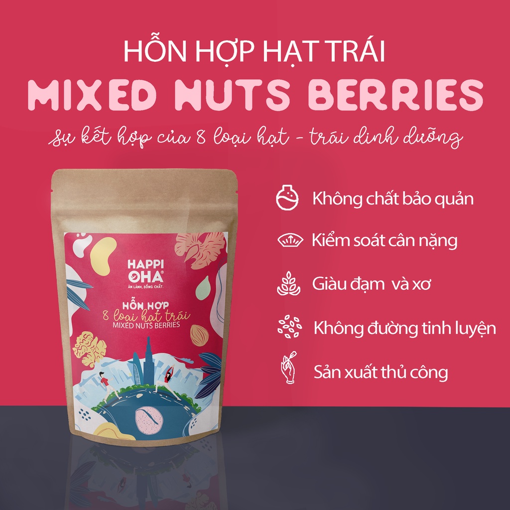 Mixed Nuts Berries HAPPI OHA - Hỗn Hợp 8 Loại Hạt Và Quả Mọng Túi Dùng Thử 30g