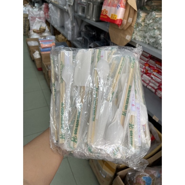 COMBO đũa Tre - tăm - thìa - giấy ăn  50 bộ