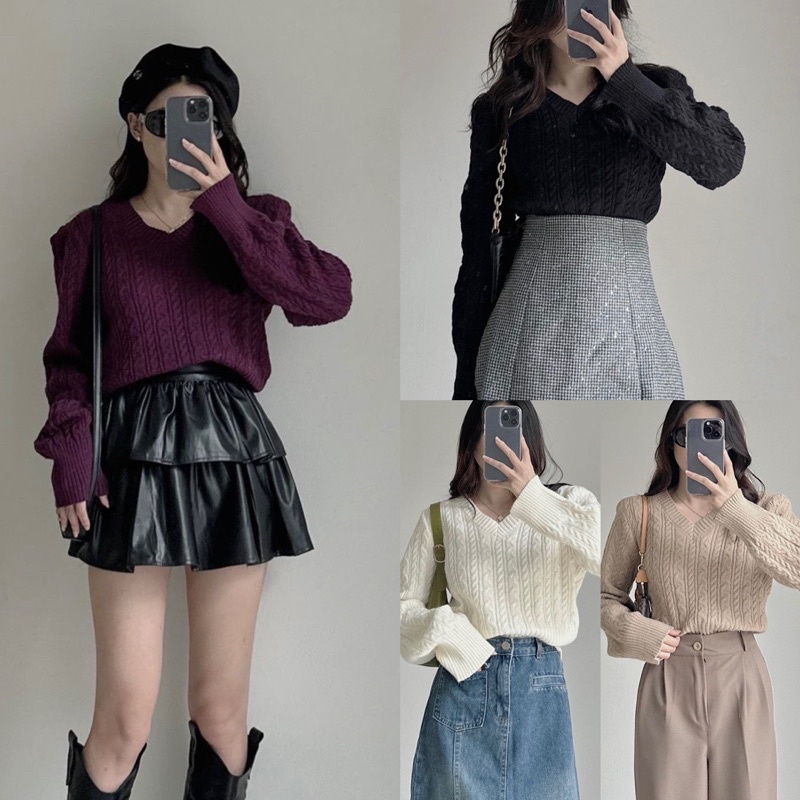 [NEW]ÁO LEN THỪNG CROPTOP CỔ V CÓ ĐỆM VAI 7611