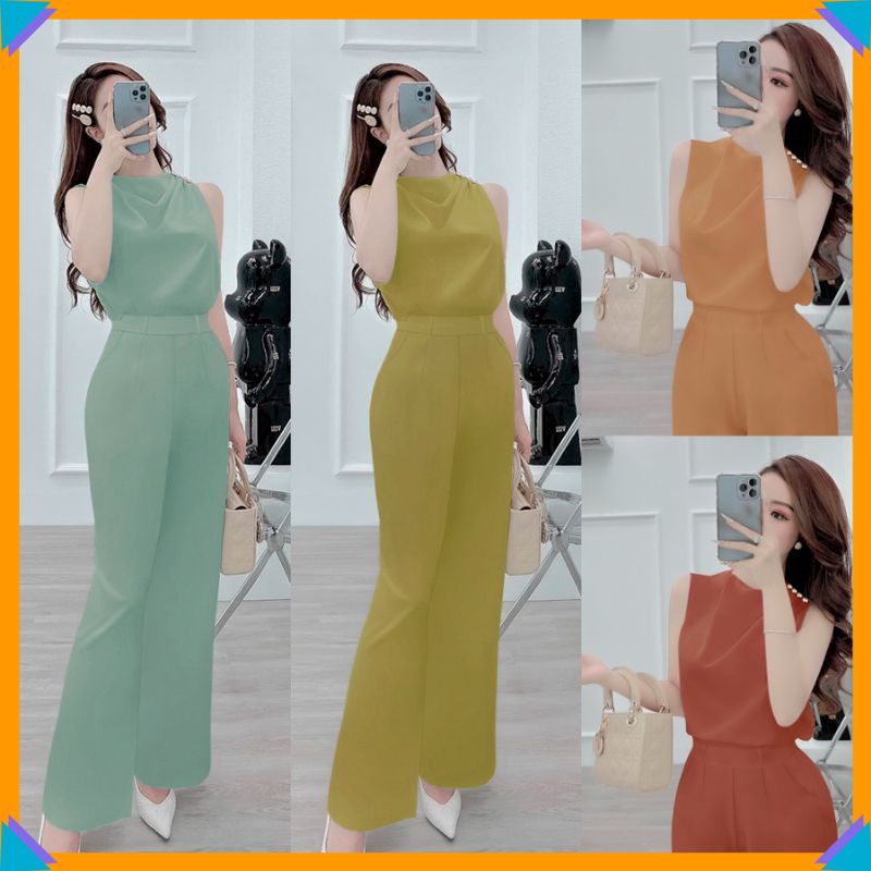Bộ đồ nữ set nguyên bộ rời, quần dài ống suông áo cổ đổ vai phối nút xinh xắn J1203