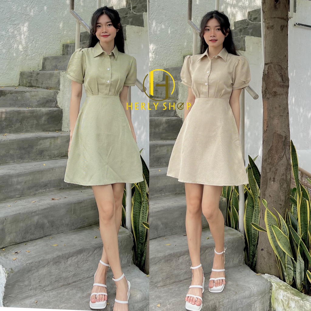 ĐẦM CỔ SƠ MI ĐÍNH NÚT XOÈ CARO