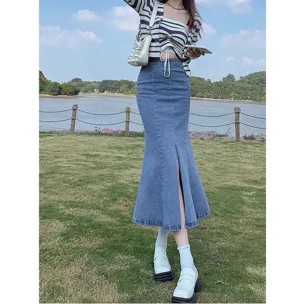 váy bò đuôi cá , chân váy denim xẻ tà , cạp cao phong cách ulzzang