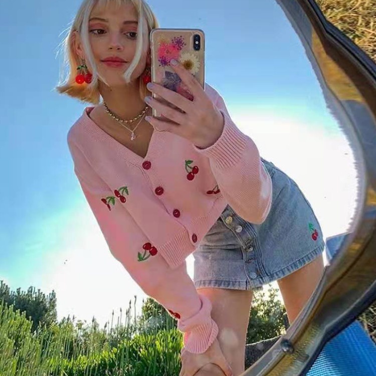 Áo Khoác Cardigan Dệt Kim Dáng Ngắn Tay Dài Màu Hồng Cherry Dễ Thương Thời Trang 2021 Cho Bạn Gái