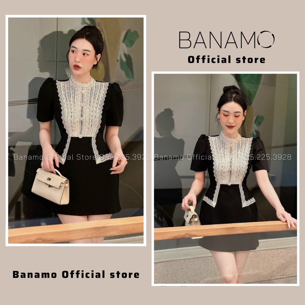 Đầm nữ dự tiệc Banamo Fashion váy nhung phối ren xếp tầng khuy ngọc 558