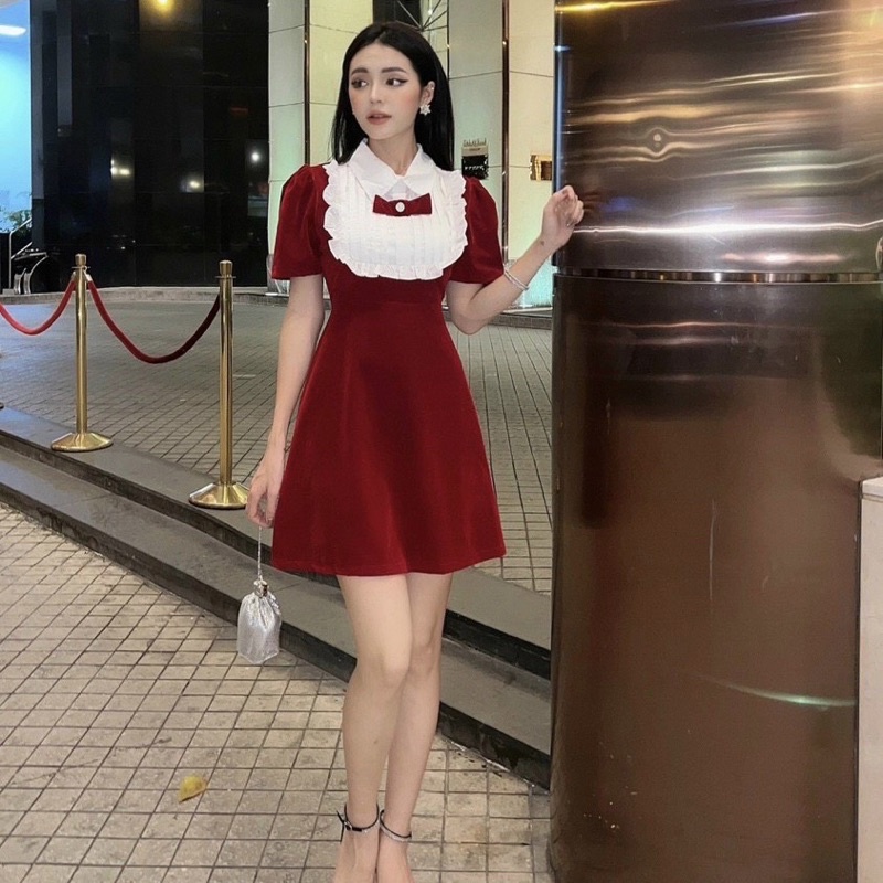 [204] Váy Nhung Đỏ Phối Cổ Bèo Trắng Kèm Nơ Có Ảnh Thât