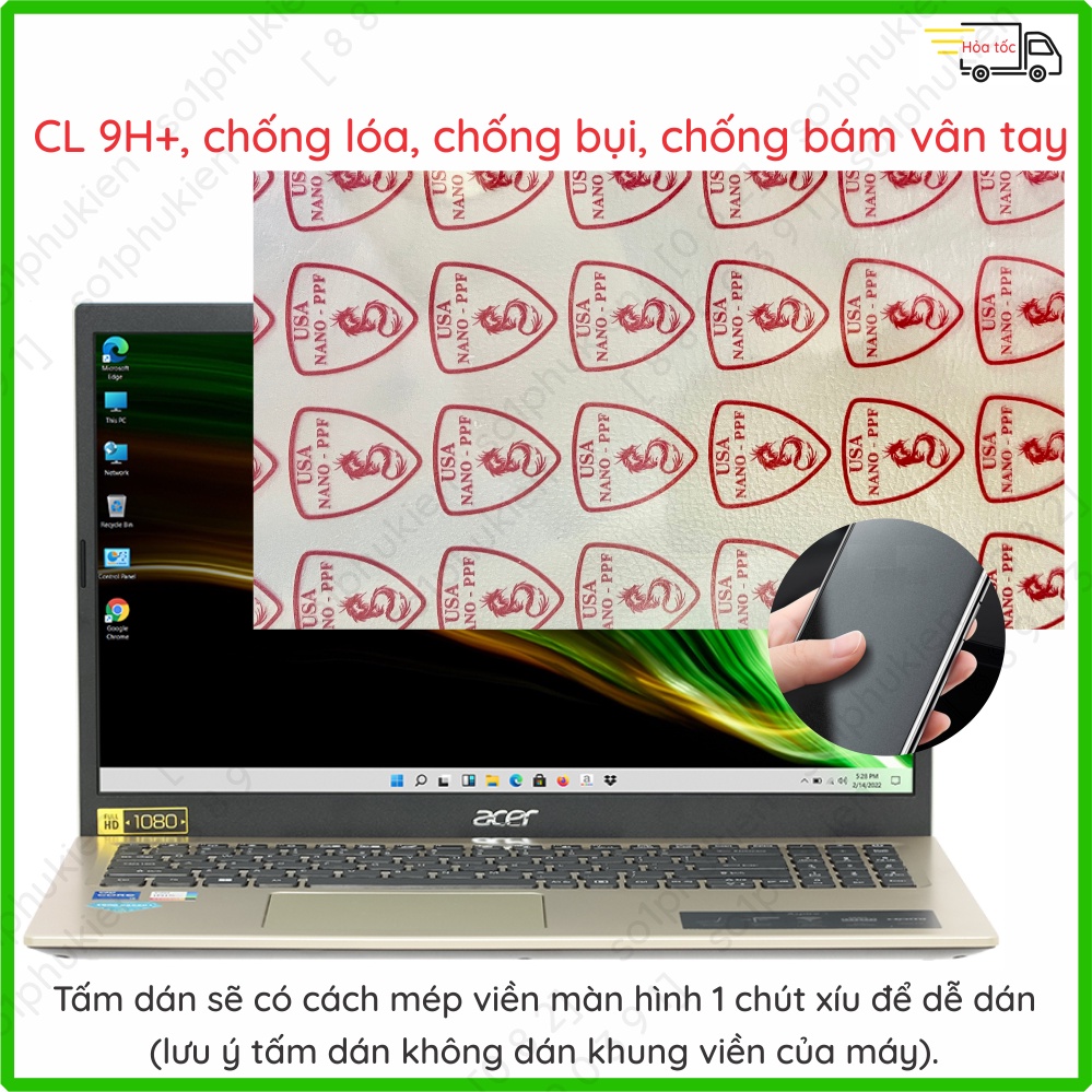 Dán cường lực màn hình laptop Acer Aspire 3 A315 / Aspire 5 A515 loại nano trong suốt, nhám chống vân tay, bảo vệ mắt