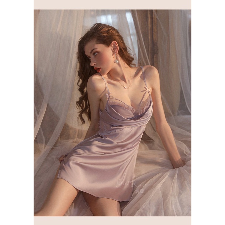 (M. 161) Váy ngủ sexy lụa phối ren cao cấp Đầm mặc nhà gợi cảm quyến rũ | BigBuy360 - bigbuy360.vn