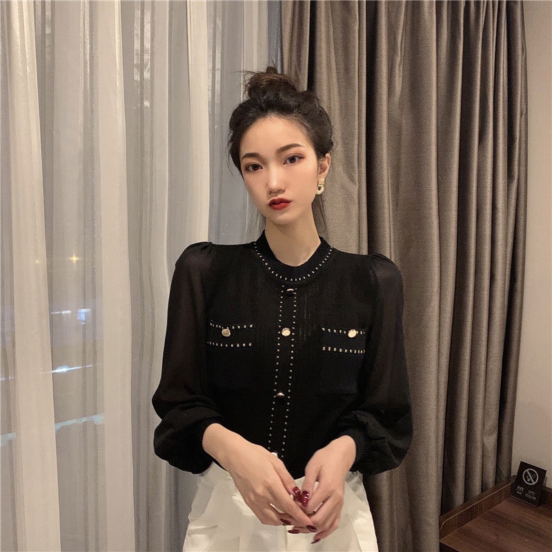 Aphrod Áo Sweater Dệt Kim Chiffon Cổ Tròn Khoét Rỗng Phối Màu Tương Phản Đơn Giản Thời Trang Cho Nữ