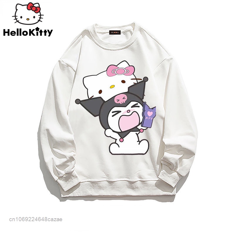 SANRIO Áo Hoodie Tay Dài Cổ Tròn Mềm Mại In Hình Hello Kitty Kuromi Dễ Thương Ngọt Ngào Cho Nữ