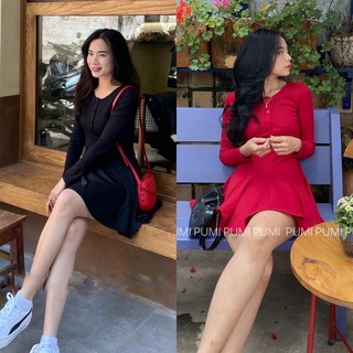 Đầm body nữ cổ tròn tay dài dáng xoè 2 màu freesize Pumi