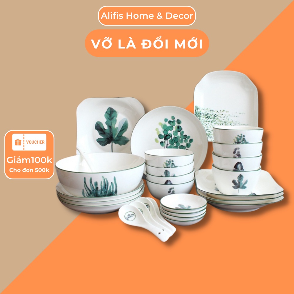 Bộ bát đĩa sứ 12-18-23 món, bộ chén đĩa sứ dành cho gia đình họa tiết hoa lá phong cách nhật bản Alifis