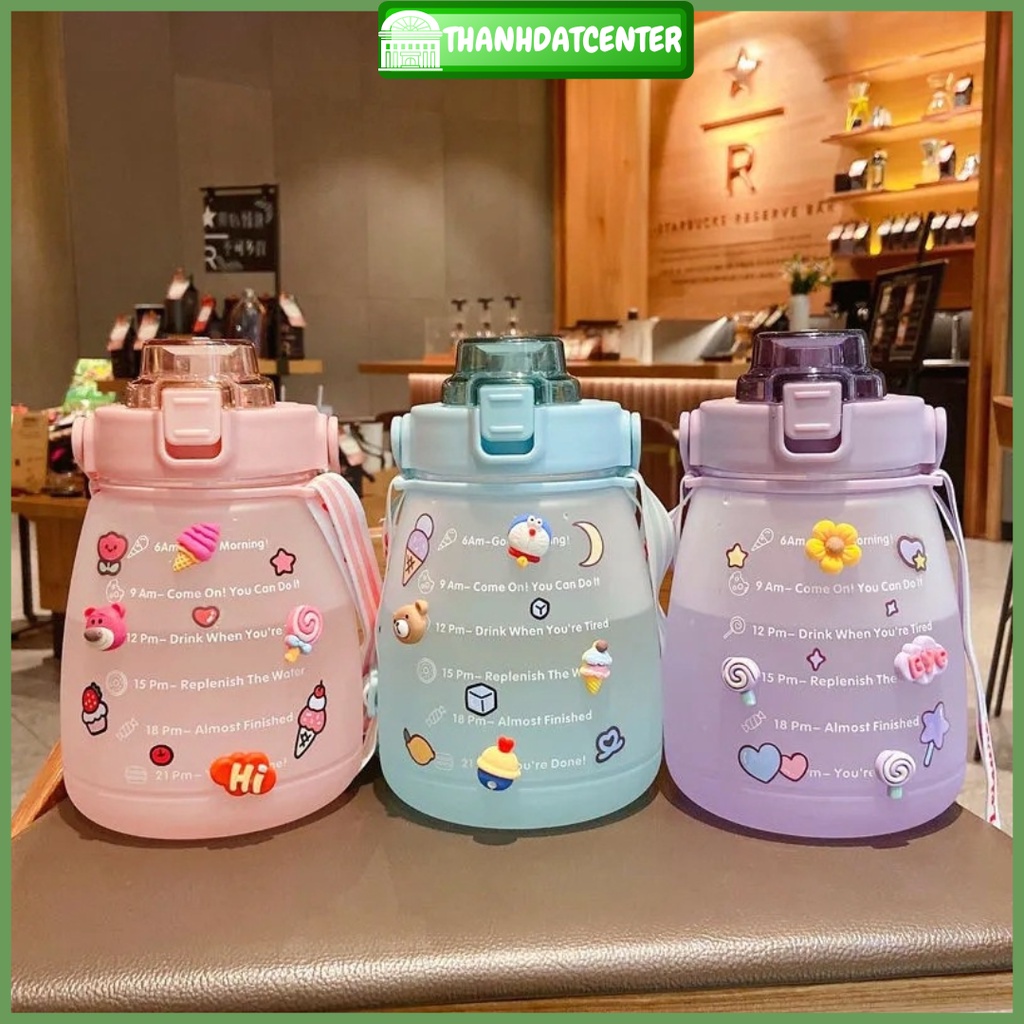 Bình Giữ Nhiệt Hình Cute 1,3L Có Chia Vạch Nhắc Nhở Uống Nước Mỗi Ngày