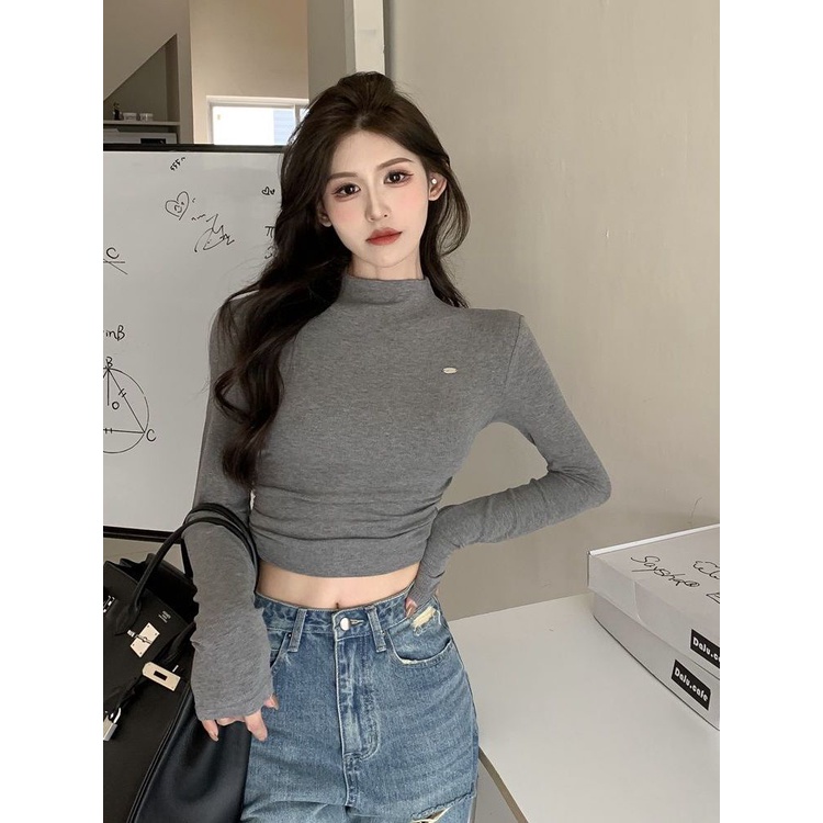 COZOK Áo thun COZOK tay dài cổ cao dáng ôm xếp ly phong cách cá tính cho nữ