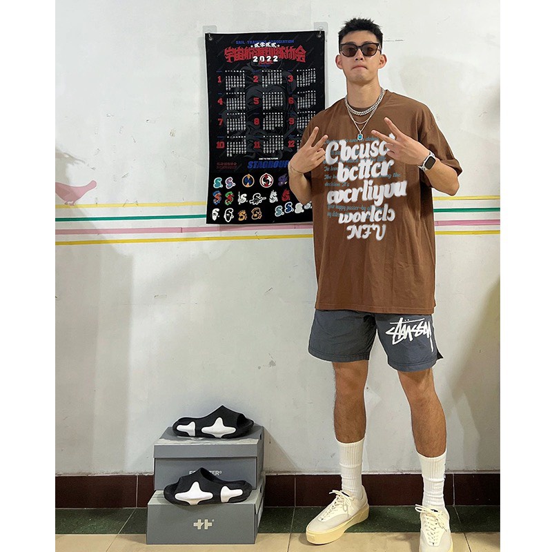 Áo Phông Cổ Tròn Tay Lỡ Phối Chữ Bản Lớn, Phong Cách Rộng Nam Nữ Thoải Mái Mã PH002