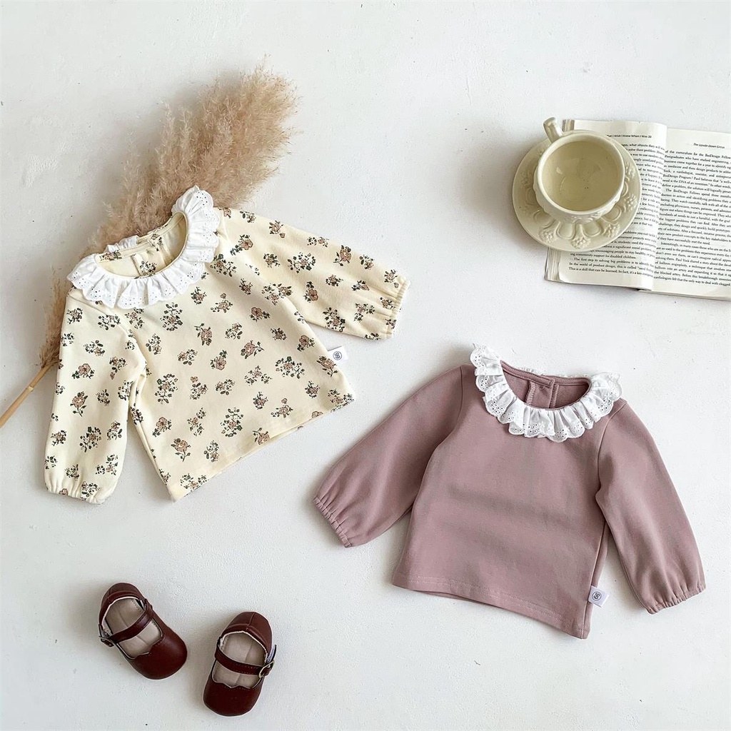 Áo Sơ Mi Công Chúa Màu Trơn Cổ Lá Sen Phong Cách Hàn Quốc Xuân Thu Mới Cho Bé Gái