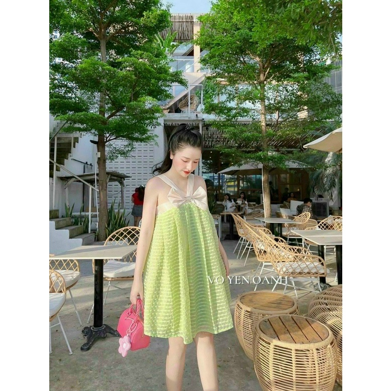 (FreeShip 2022) Đầm xô 2 dây cổ yếm đính nơ,đầm nữ from suông,chất xô cao cấp diện đi đâu cũng xinh