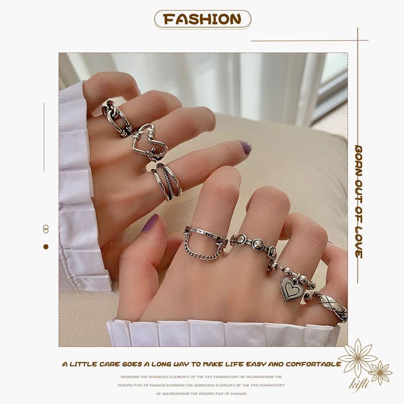 Bộ 7 Nhẫn Hình Học / Trái Tim Đính Đá Phong Cách Punk Hiphop Thời Trang Có Thể Điều Chỉnh