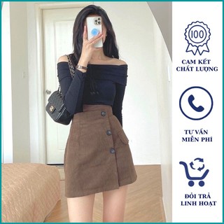 Chân váy cạp cao vạt chéo độc lạ chân váy 3 khuy vải nhung tăm vạt lệch tôn dáng có bigsize.