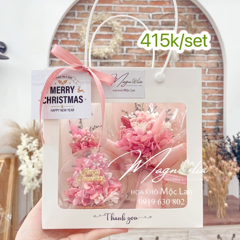 Set Giỏ Quà Tặng Giáng Sinh Chụp Thuỷ Tinh cây thông noel bằng hoa khô trang trí