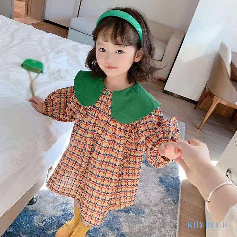 Đầm Công Chúa Dáng Suông Tay Phồng Kẻ Sọc Caro Nhiều Màu Cổ Điển Thời Trang Xuân Thu Phong Cách Hàn Quốc Cho Bé Gái