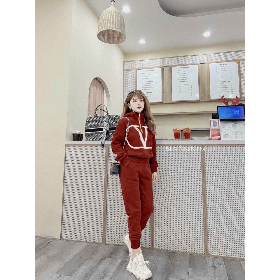 Sét bộ thể thao thu đông áo có mũ khóa kéo có 4 màu y hình thời trang nữ năng động trẻ trung