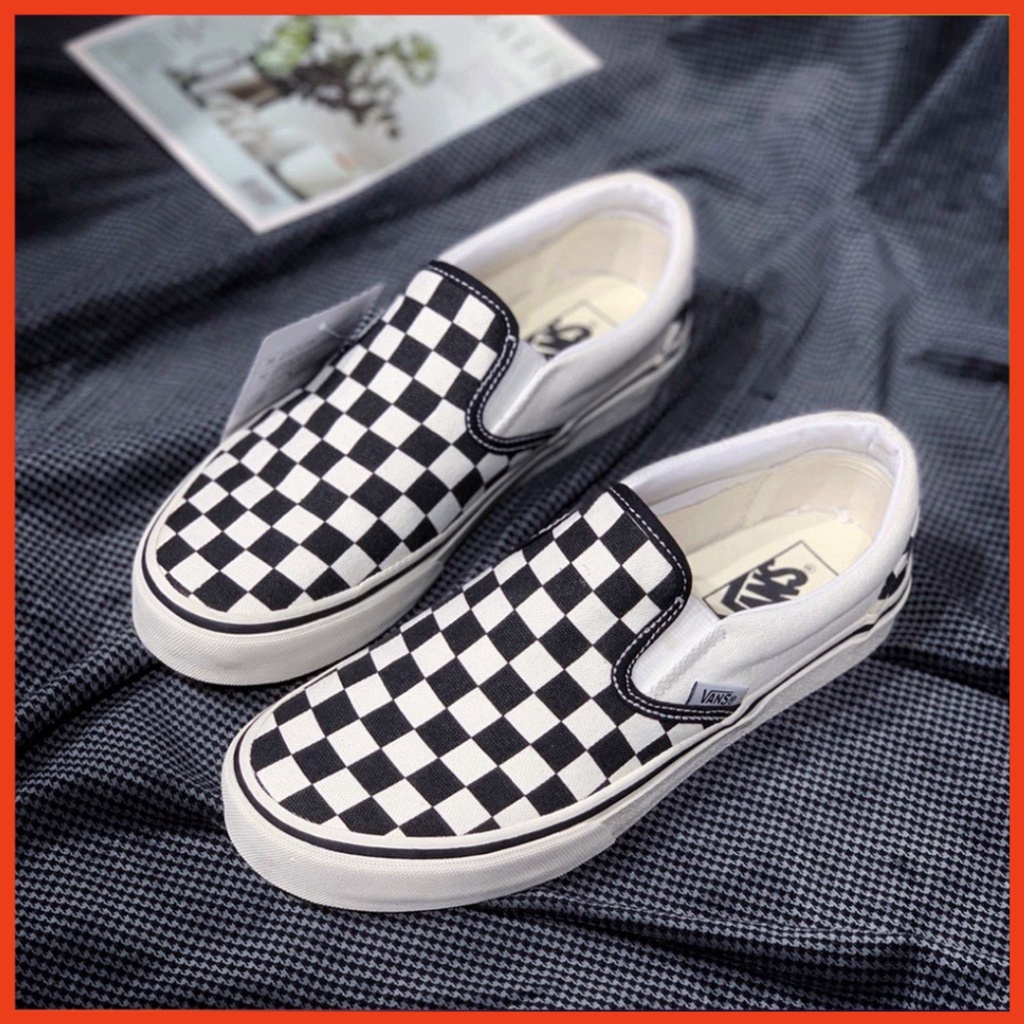 Giày lười nam nữ loại đẹp full box - Giày thể thao Slip On Vans Caro kẻ sọc đen trắng cá tính ulzzang, đế êm lót da D189