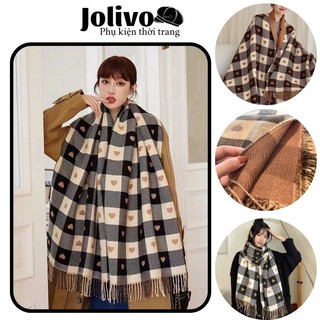 Khăn quàng cổ nữ khổ to chất dạ phối sợi bông mềm mịn họa tiết trái tim phong cách vintage jolivo