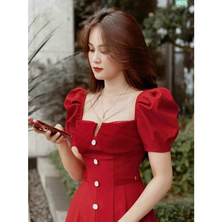 (MẪU MỚI) ĐẦM NỮ DỰ TIỆC TAY PHỒNG PHỐI NÚT MÀU ĐỎ RỰC RỠ CHO NGÀY LỄ GIANG SINH NGÀY TẾT CỰC CHÁY VALENTINA