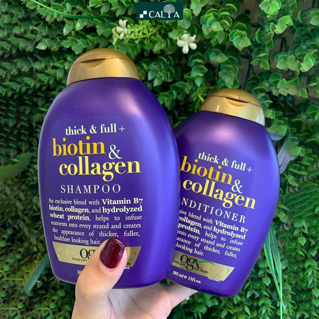 Bộ Dầu Gội Và Dầu Xả Biotin OGX Tím Dưỡng Dày Tóc Bồng Bềnh - OGX Thick & Full + Biotin & Collagen (385ml/Chai)