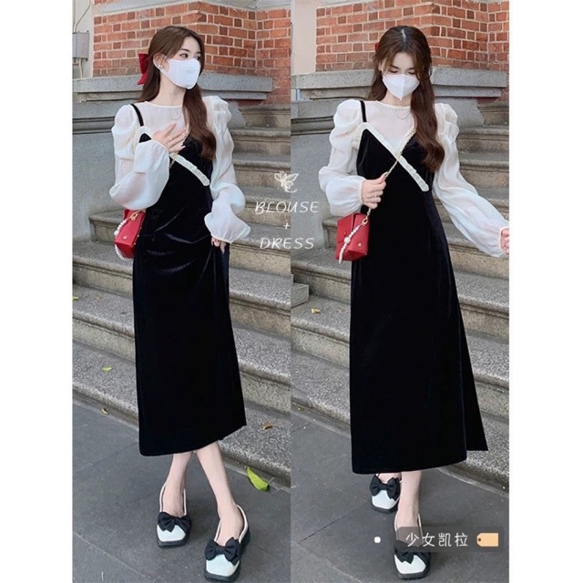 Set váy nhung 2 dây bèo phối áo tơ tay dài