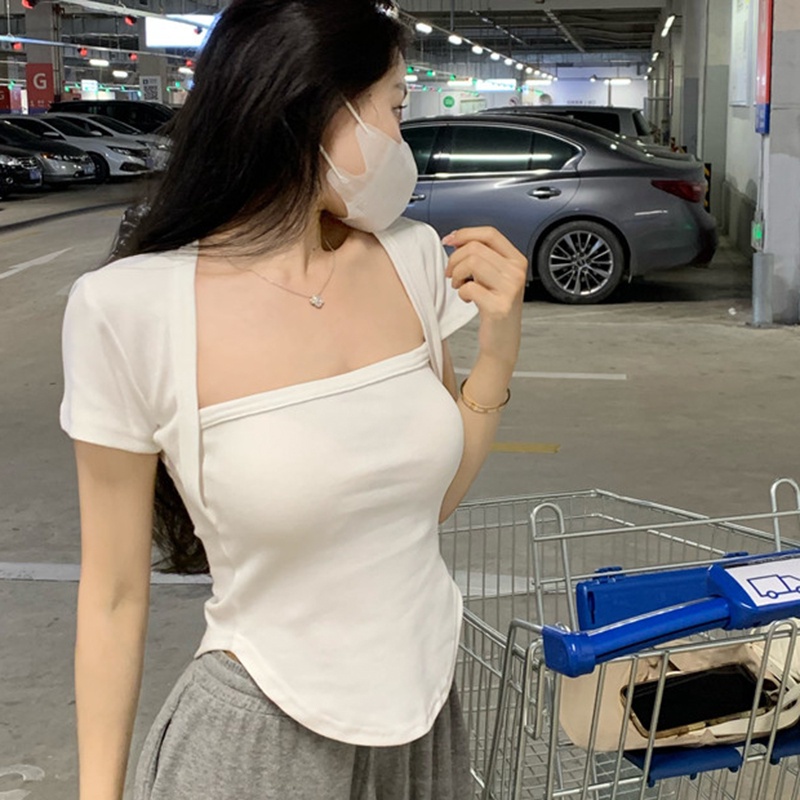 IELGY Áo Thun Tay Ngắn Cổ Vuông Dáng Ôm Thời Trang Dành Cho Nữ