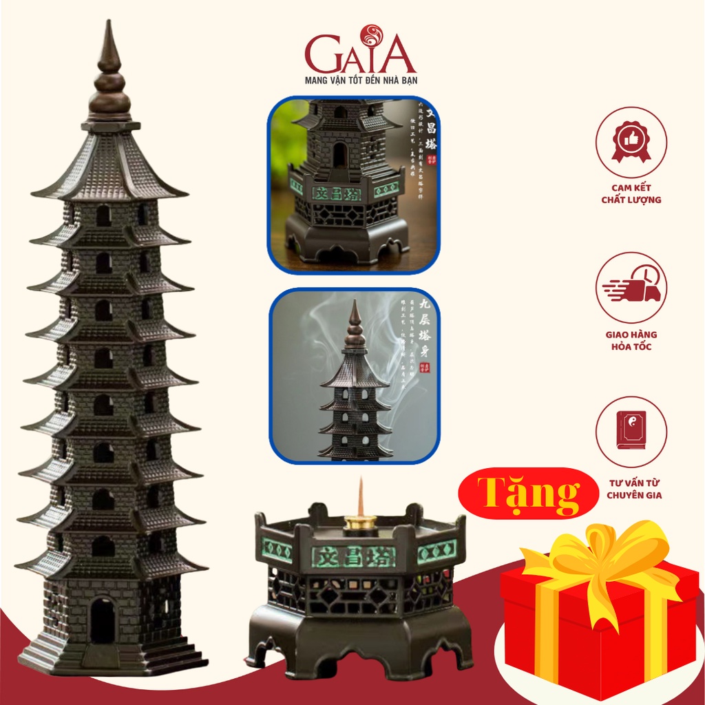Tháp văn xương phong thủy 9 tầng chất liệu hợp kim cao cấp kết hợp đế xông trầm có thể tháo rời KT 30.5x8.
